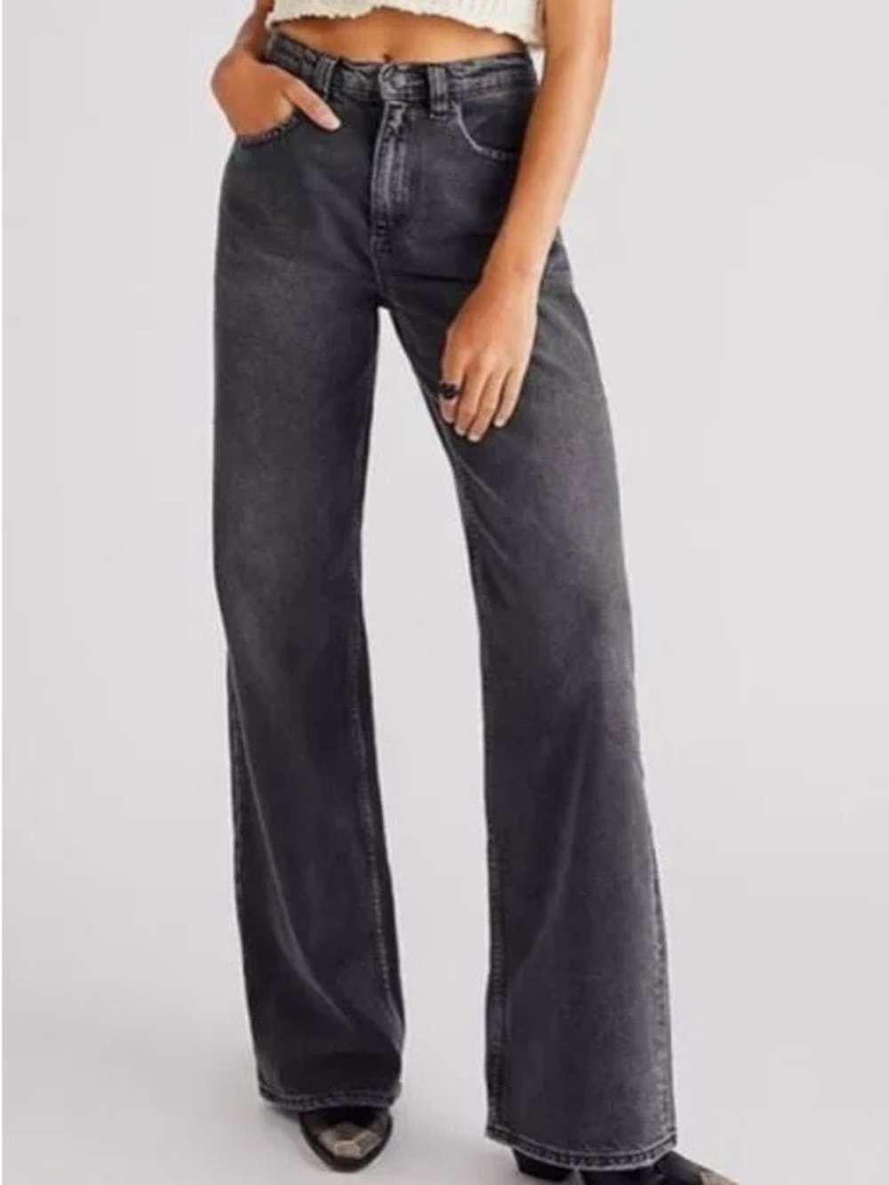 We The Free Tinsley Baggy Straight Leg High Waist Denim Jeans Washed Black 27